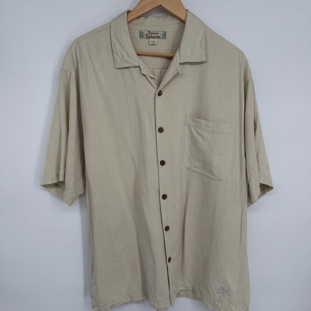 Tommy Bahama Silk Shirt Men’s Large Beige Embroidered Vacation Beach Cruise